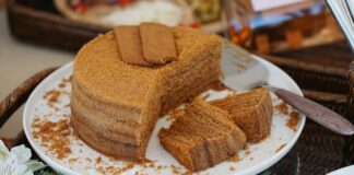 Mouthwatering layered honey cake with biscuit topping, perfect for dessert lovers.