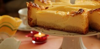 A rustic cheesecake slice on a floral plate with a cozy ambiance.