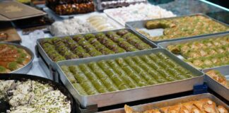 An array of freshly baked Turkish desserts including baklava and lokum, showcasing a delicious variety.