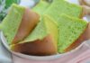 Delectable slices of green pandan chiffon cake on a white plate. Perfect for dessert lovers.