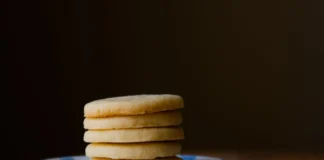 A stack of golden butter cookies on a ceramic plate, perfect for dessert inspiration.