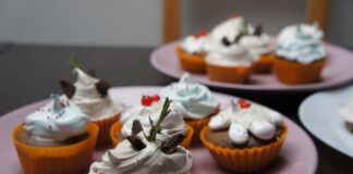 Close-up of assorted chocolate cupcakes with decorative creamy toppings on pastel plates.