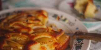 Close-up of a rustic homemade apple pie on a vintage patterned plate, evoking a warm, cozy mood.