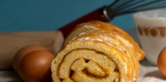 Bolo caseiro para pequeno-almoço Close-up of a freshly baked roll cake with baking ingredients.