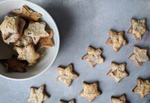 Flat lay of star-shaped homemade cookies in a bowl, perfect for Christmas treats.