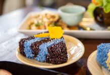 Close-up of vibrant blue and black sticky rice with mango on a plate, showcasing traditional Thai cuisine.