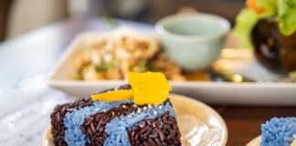 Close-up of vibrant blue and black sticky rice with mango on a plate, showcasing traditional Thai cuisine.