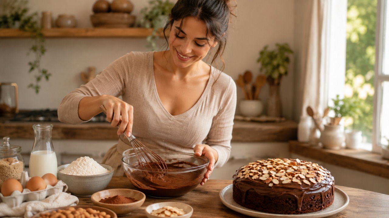 Bolo de chocolate e amêndoa fofinho e húmido, com sabor intenso e acabamento simples