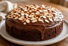 Bolo de chocolate e amêndoa fofinho e húmido, com sabor intenso e acabamento simples