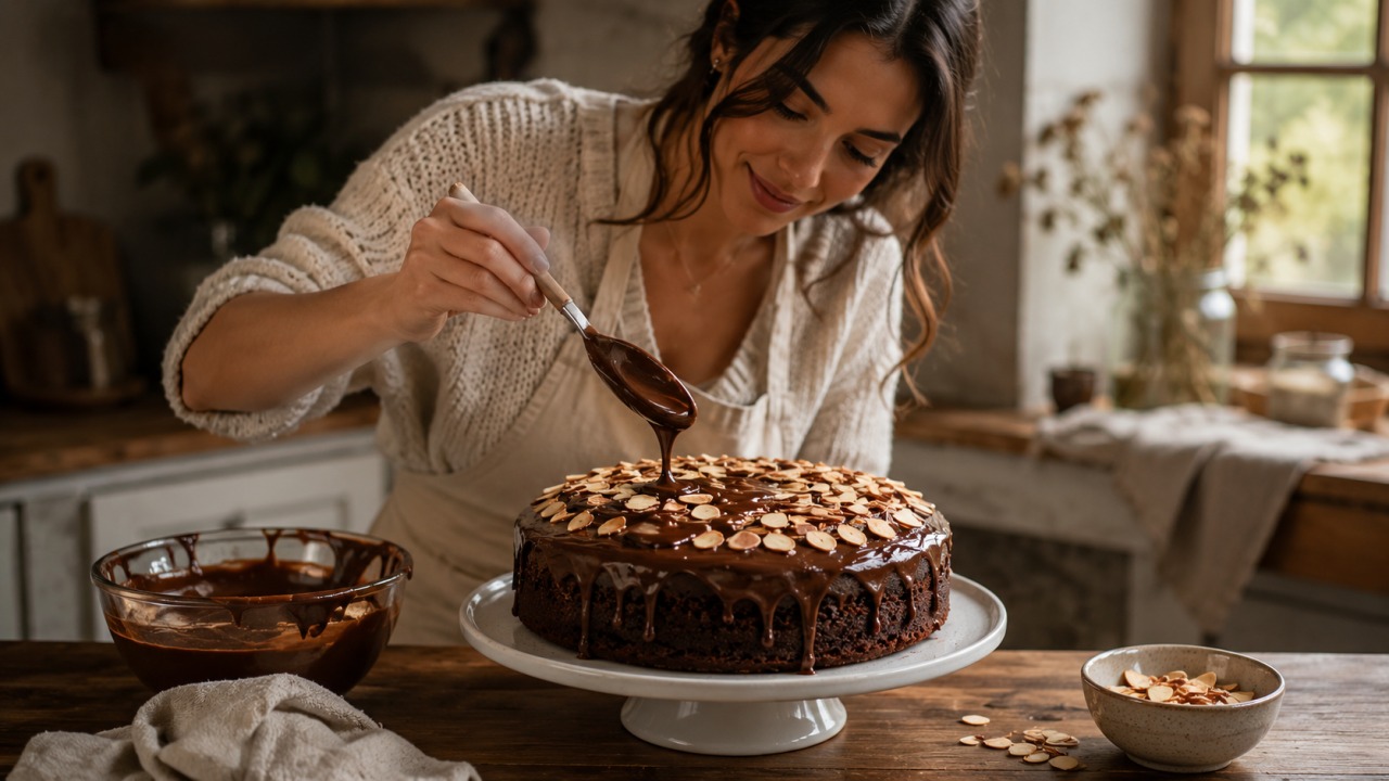 Bolo de chocolate e amêndoa fofinho e húmido, com sabor intenso e acabamento simples