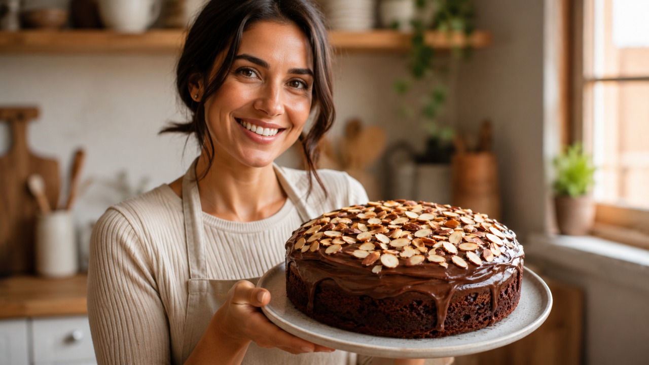 Bolo de chocolate e amêndoa fofinho e húmido, com sabor intenso e acabamento simples
