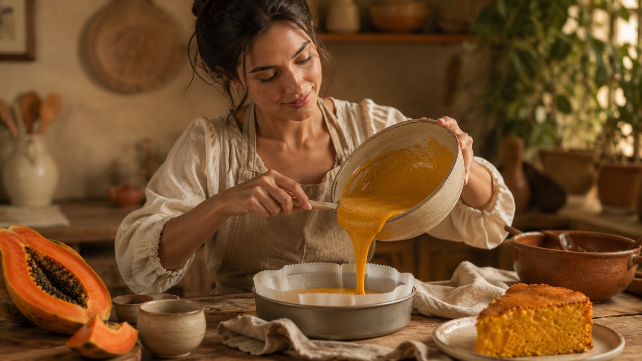Bolo de papaia fofo e húmido para aproveitar fruta madura