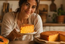 Bolo de papaia fofo e húmido para aproveitar fruta madura