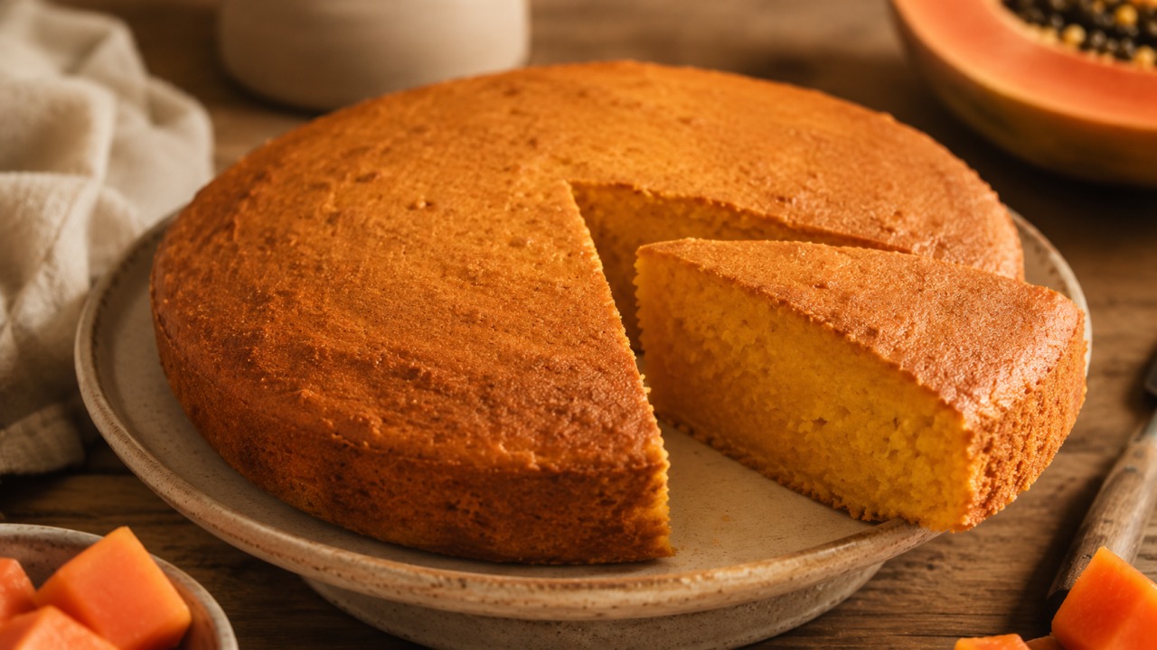 Bolo de papaia fofo e húmido para aproveitar fruta madura