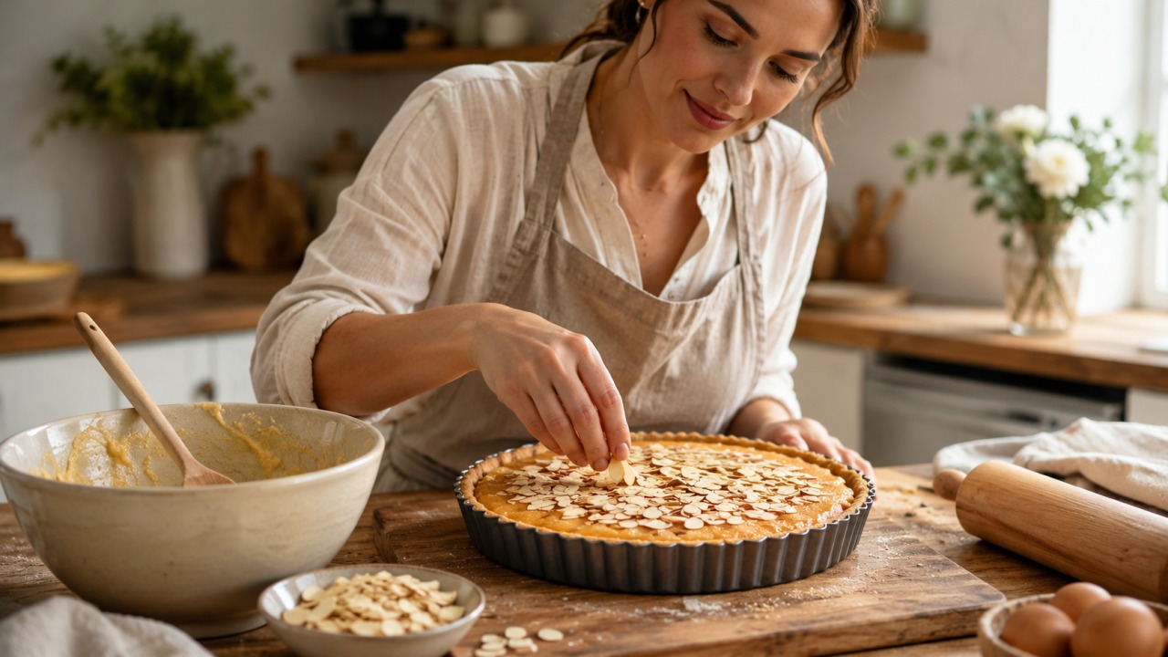 Tarte de almendra cremosa e dourada, uma receita simples com sabor intenso