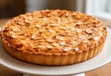 Tarte de almendra cremosa e dourada, uma receita simples com sabor intenso