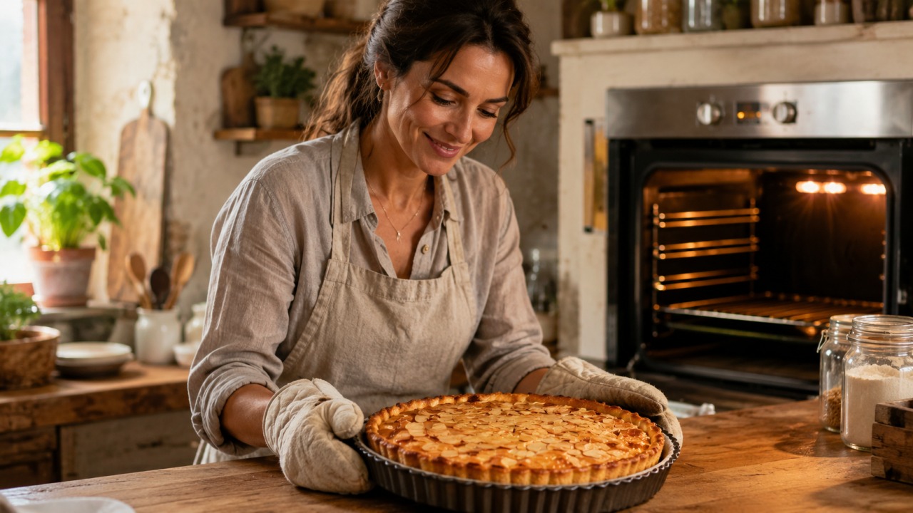 Tarte de almendra cremosa e dourada, uma receita simples com sabor intenso
