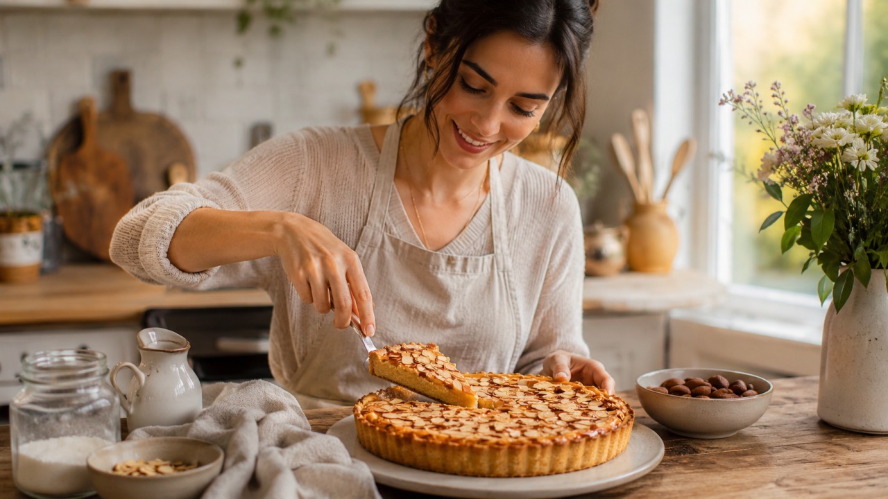 Tarte de almendra cremosa e dourada, uma receita simples com sabor intenso