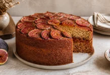 Bolo de Figos húmido e aromático para um lanche especial Contexto editorial sobre Bolo de Figos