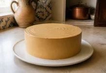 Bolo de Leite húmido e fofo para o lanche Contexto editorial sobre Bolo de Leite