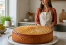 Bolo de pera húmido e aromático para fazer em casa Contexto editorial sobre Bolo de pera