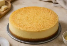 Bolo de Queijo cremoso com base crocante Contexto editorial sobre Bolo de Queijo