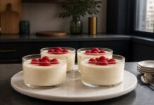 Contexto editorial sobre Mousse de chocolate branco com framboesas frescas