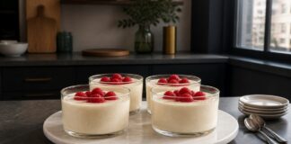 Mousse de chocolate branco com framboesas frescas, cremosa e delicada Contexto editorial sobre Mousse de chocolate branco com framboesas frescas