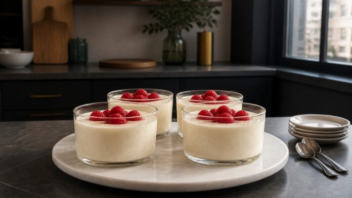 mousse-chocolate-branco-com-framboesas-frescas-cremosa-delicada Contexto editorial sobre Mousse de chocolate branco com framboesas frescas