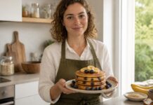 Panquecas de aveia, banana e mirtilos fofas e fáceis de preparar Contexto editorial sobre Panquecas de aveia, banana e mirtilos