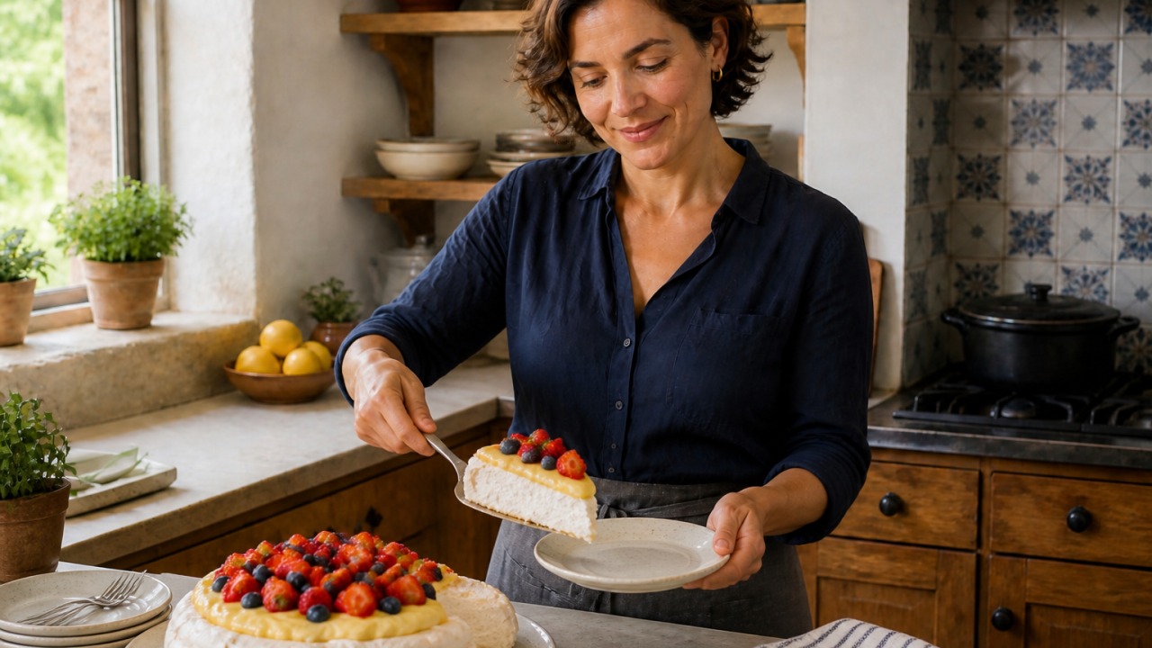 Avaliação responsável de Pavlova com curd de limão e frutas frescas