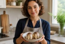 Petit gâteau com bola de gelado com centro cremoso Contexto editorial sobre Petit gâteau com bola de gelado