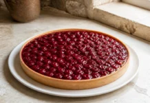 Tarte de cereja com base crocante e recheio suculento Contexto editorial sobre Tarte de Cereja