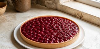 Tarte de cereja com base crocante e recheio suculento Contexto editorial sobre Tarte de Cereja