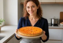 Tarte de natas e pêssego com base crocante e recheio cremoso Contexto editorial sobre Tarte de natas e pêssego