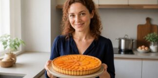 Tarte de natas e pêssego com base crocante e recheio cremoso Contexto editorial sobre Tarte de natas e pêssego