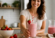 Batido de Morango cremoso e fresco para qualquer momento Contexto editorial sobre Batido de Morango