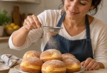 Bolas de Berlim com Creme pasteleiro e acabamento dourado Contexto editorial sobre Bolas de Berlim com creme