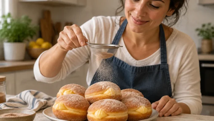 bolas-berlim-com-creme-pasteleiro-acabamento-dourado Contexto editorial sobre Bolas de Berlim com creme