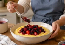 Contexto editorial sobre polenta doce com frutos vermelhos