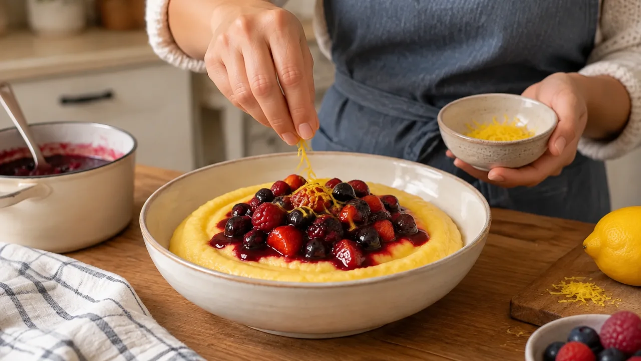 Avaliação responsável de polenta doce com frutos vermelhos