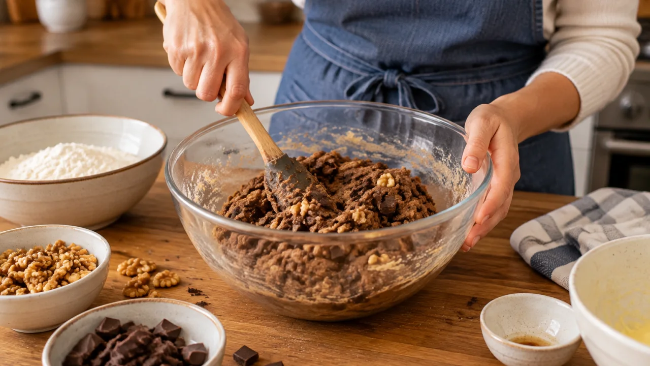 Preparação dos ingredientes de Bolachas de chocolate com nozes e centro macio