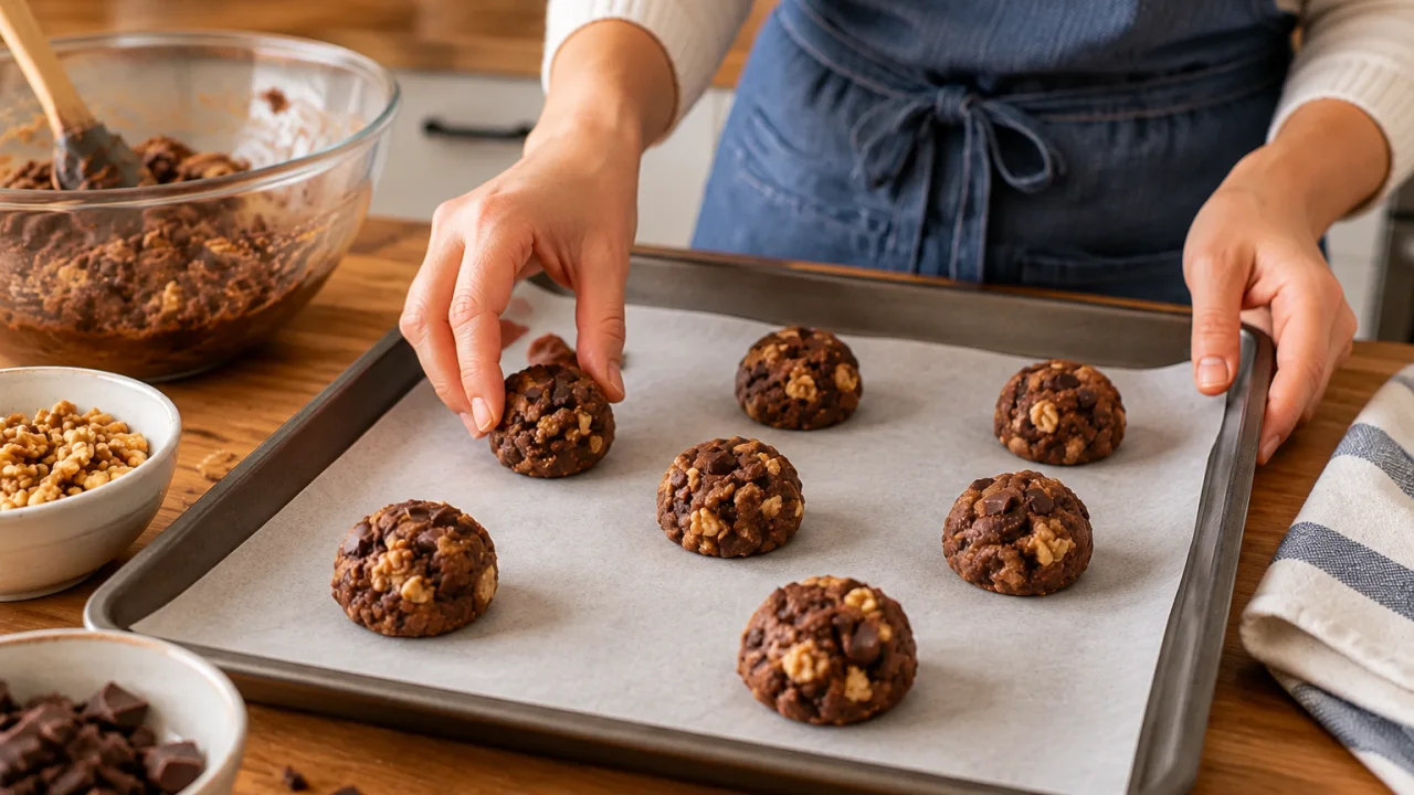 Etapa de preparação de Bolachas de chocolate com nozes e centro macio