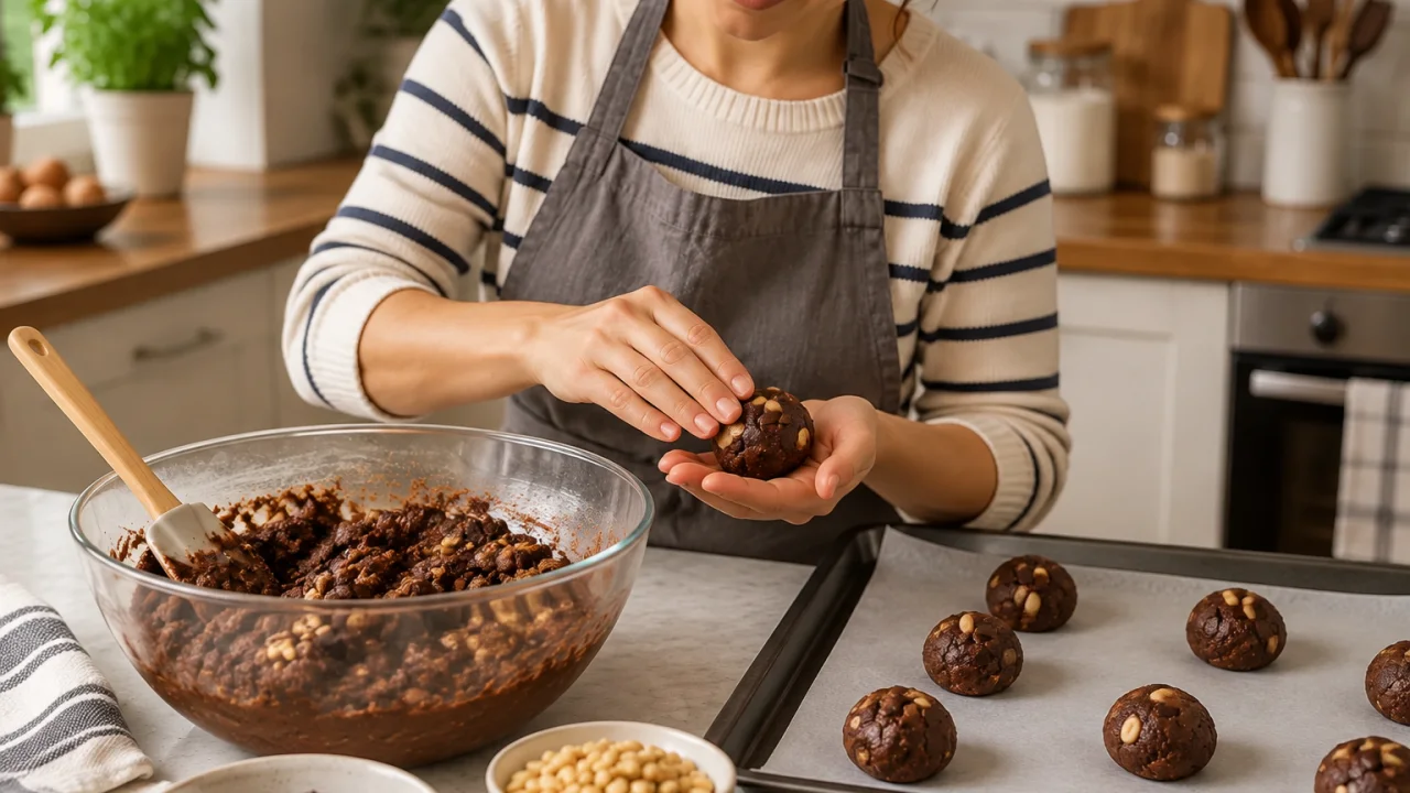 Etapa de preparação de Bolachas de chocolate com pinhões