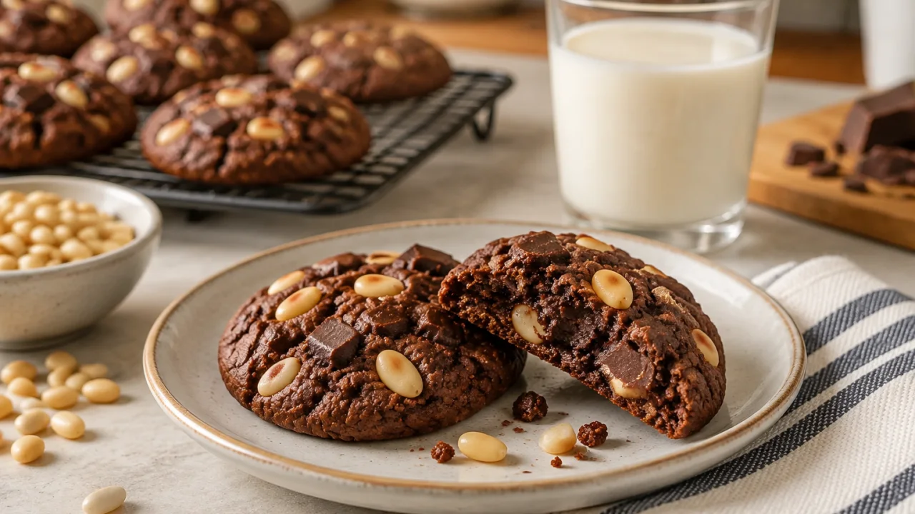 Detalhe da apresentação de Bolachas de chocolate com pinhões