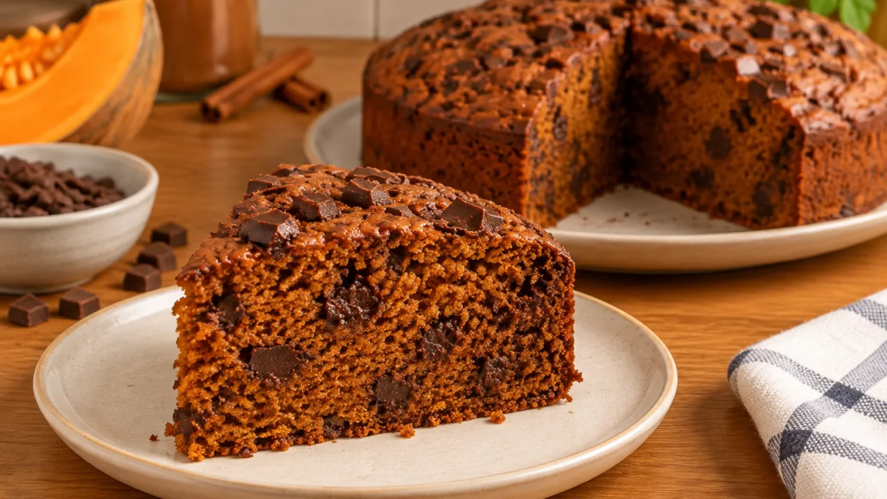 Detalhe da apresentação de Bolo de abóbora e chocolate com canela