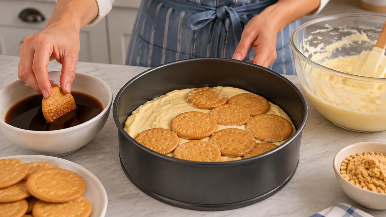Etapa de preparação de Bolo de bolacha com leite condensado e creme de manteiga