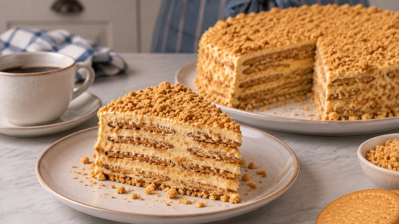 Detalhe da apresentação de Bolo de bolacha com leite condensado e creme de manteiga