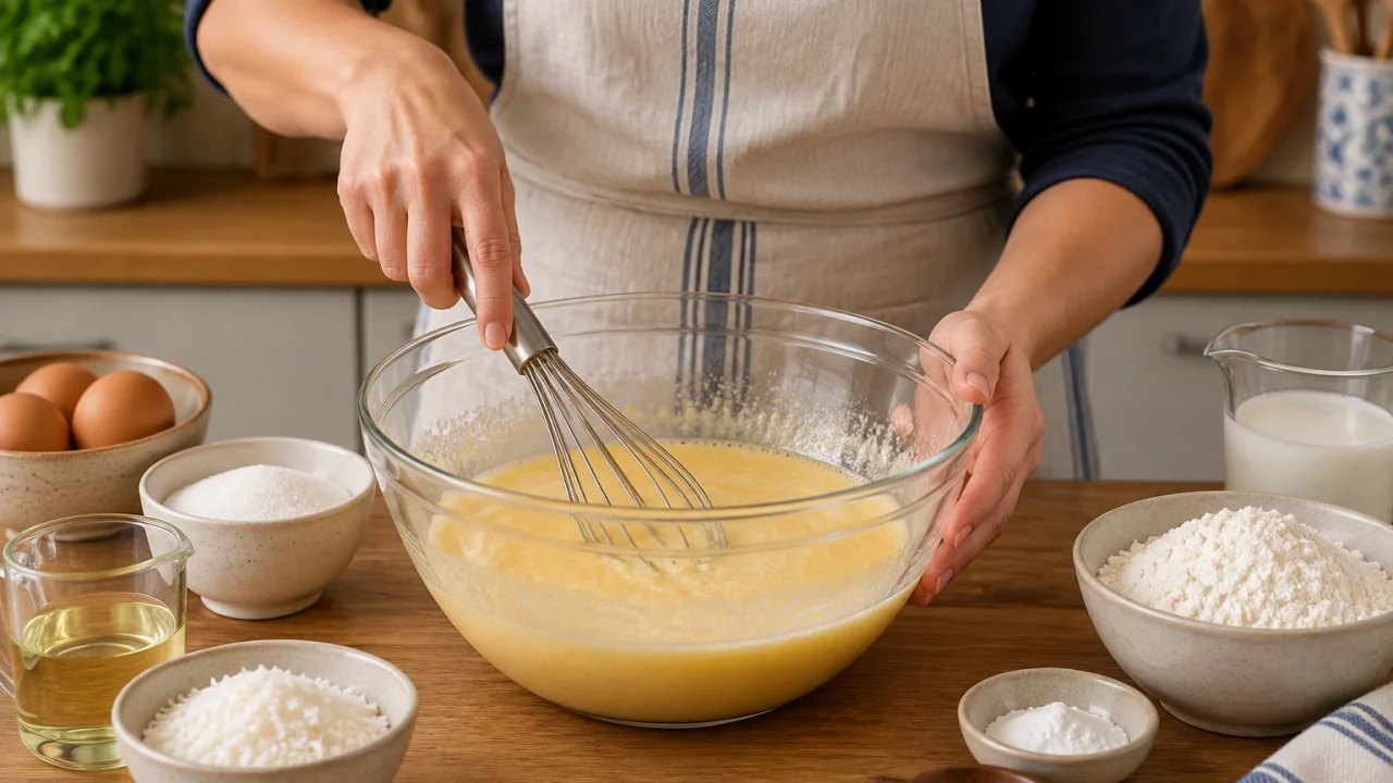 Preparação dos ingredientes de Bolo de calda de coco embebido em calda morna