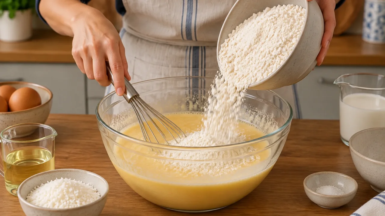 Etapa de preparação de Bolo de calda de coco embebido em calda morna